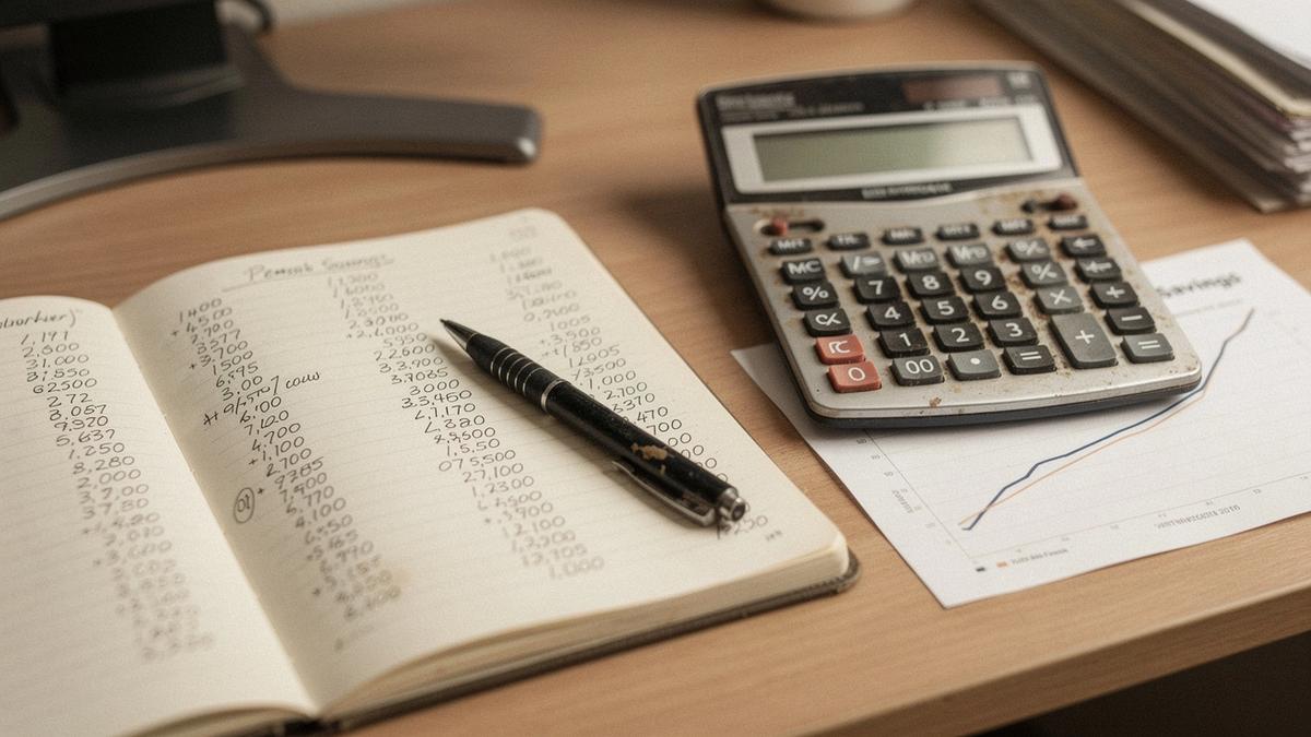 Open notebook, pen, and calculator on a desk beside a printed savings chart